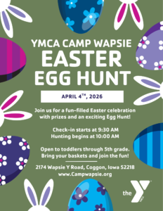 poster detailing the april 4 2026 easter egg hunt at ymca camp wapsie