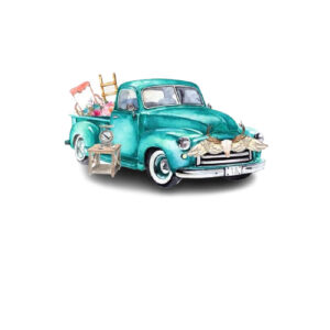 Image of an antique green truck, logo for the Junque Market