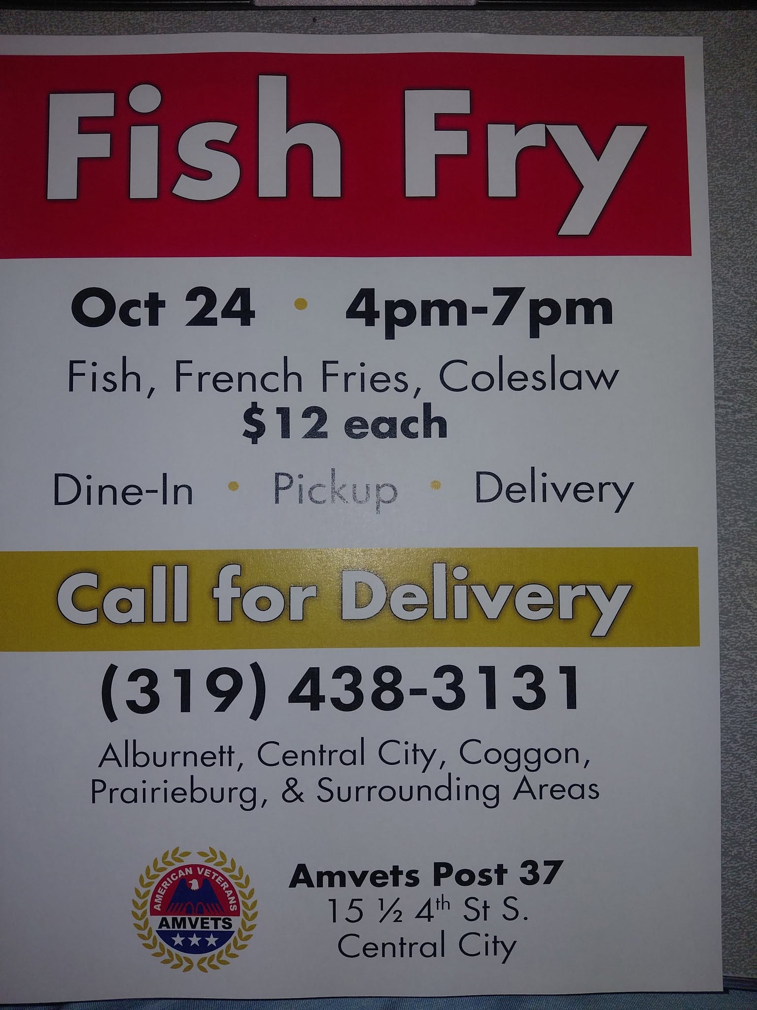 flyer for the AmVets Post 37 fish fry on October 24