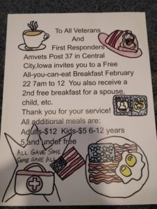 poster advertising amvets free breakfast for veterans and first responders