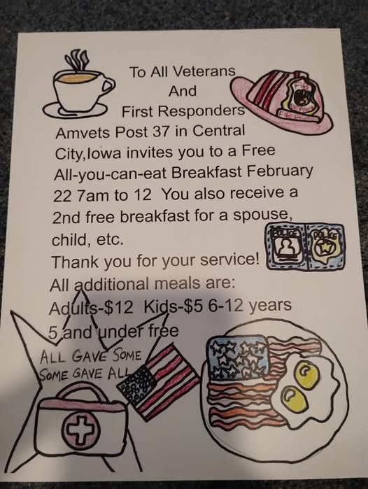 poster advertising amvets free breakfast for veterans and first responders