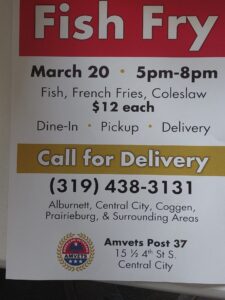 poster for the march 20 2026 amvets fish fry dinner