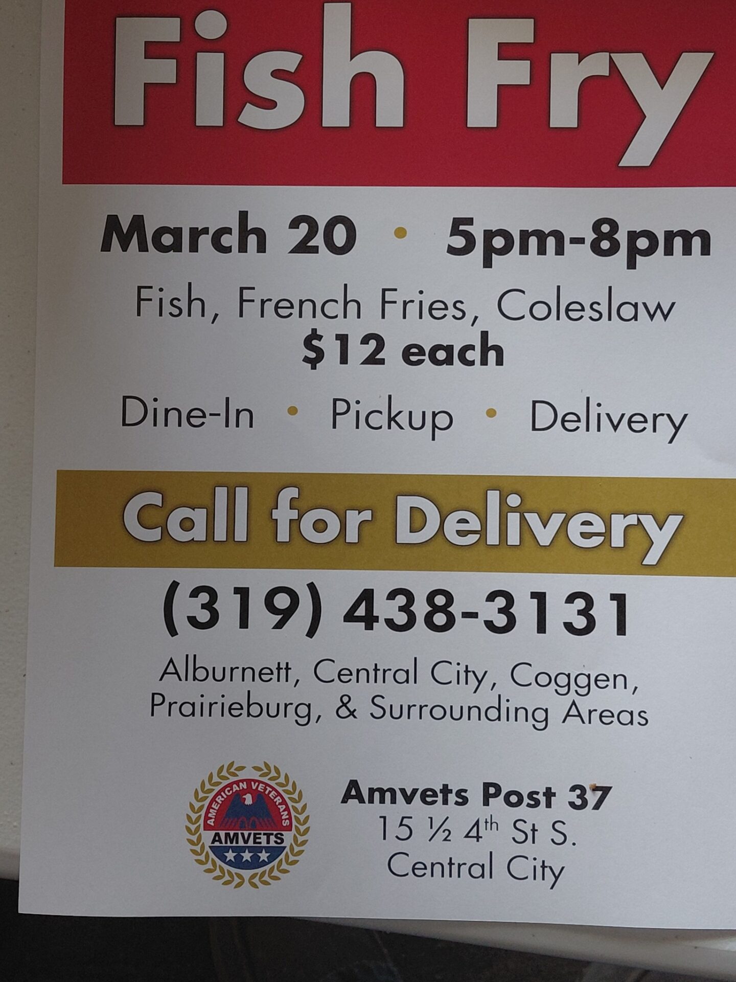 poster for the march 20 2026 amvets fish fry dinner