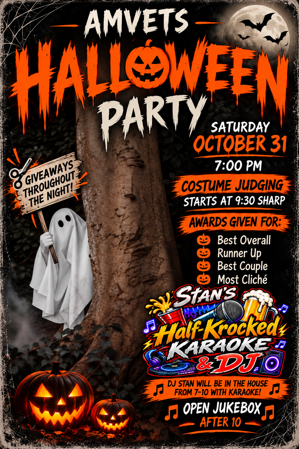 poster for the AmVets Post 37 Halloween party featuring Stan's half-krocked karaoke dj