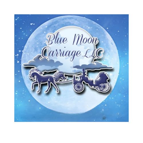 Blue Moon Logo small Blue Moon Carriage LLC logo showing horses pulling a carriage in front of a blue moon