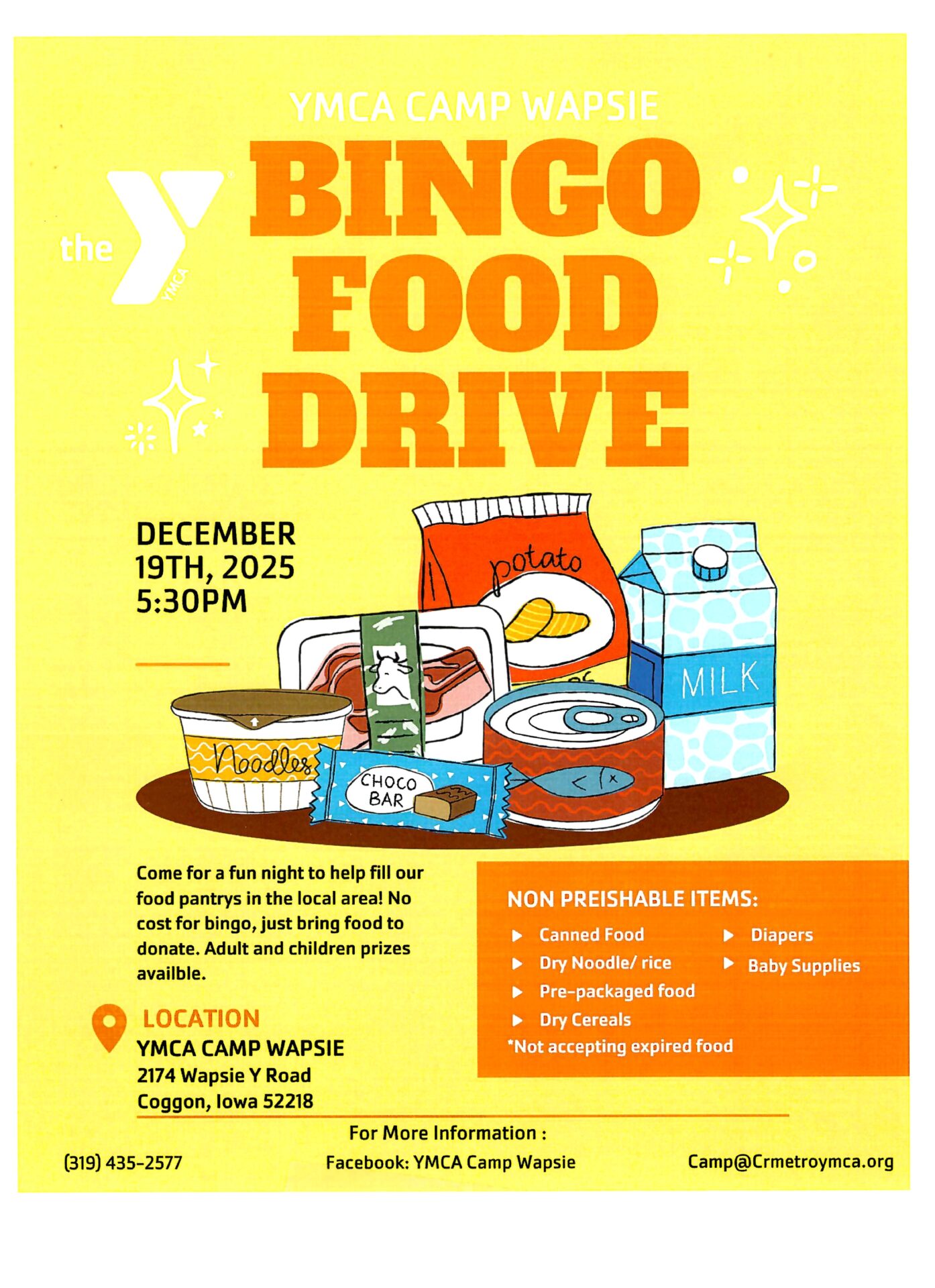 flyer for the YMCA Camp Wapsie food bank bingo night on December 19 2025