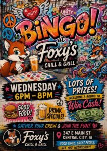 poster with info about bingo night at foxy's chill & grill