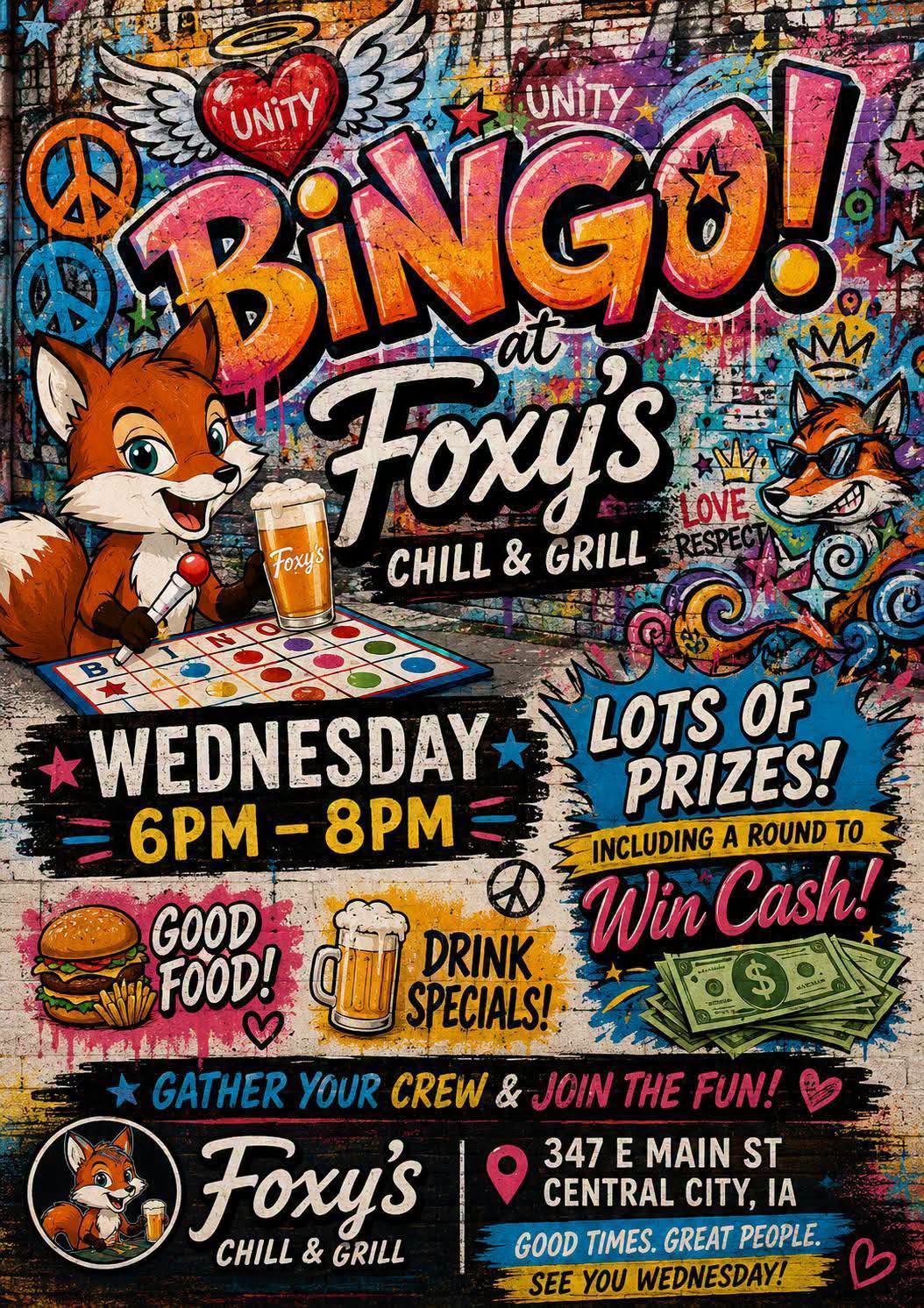 poster with info about bingo night at foxy's chill & grill