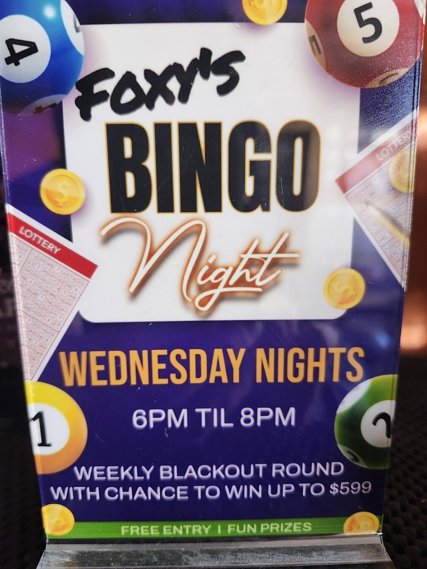 poster with info about bingo night at foxy's chill & grill
