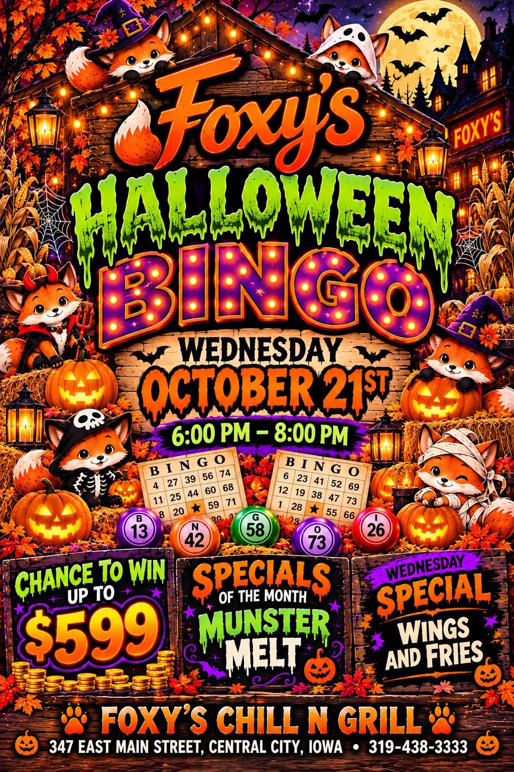flyer for Foxy's Chill N Grill Halloween themed Bingo night on October 21