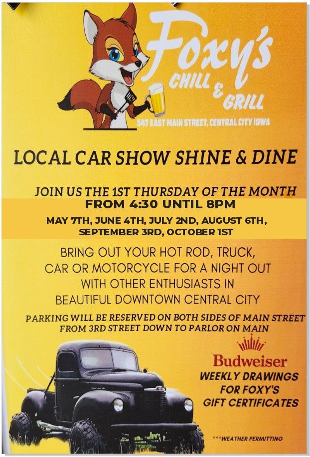 Image of a poster displaying the dates for Central City IA Foxy's Shine & Dine Car Show events