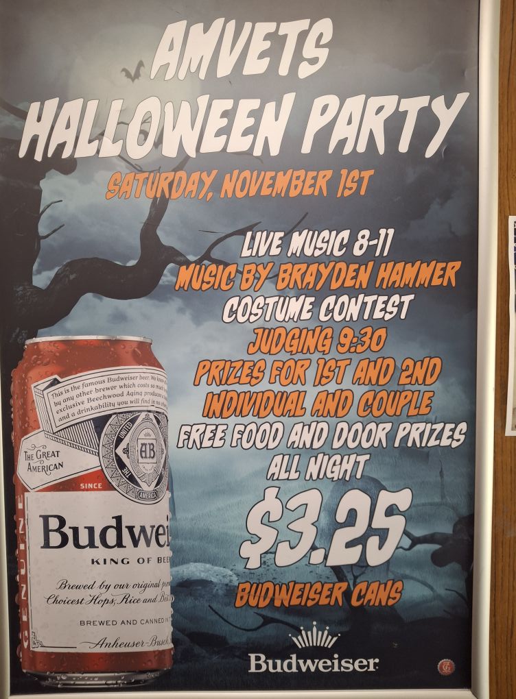 AMVETS Halloween Party poster Saturday November 1st starting at 8 pm Live Music Costume Contest Free food & door prizes