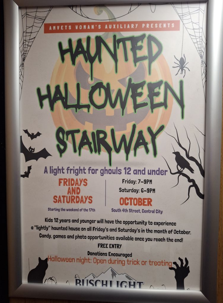 poster for AMVETS Auxiliary haunted Halloween stairway Fridays 7 to 9 pm Saturdays 6 to 9 pm starting October 17th free entry donations accepted