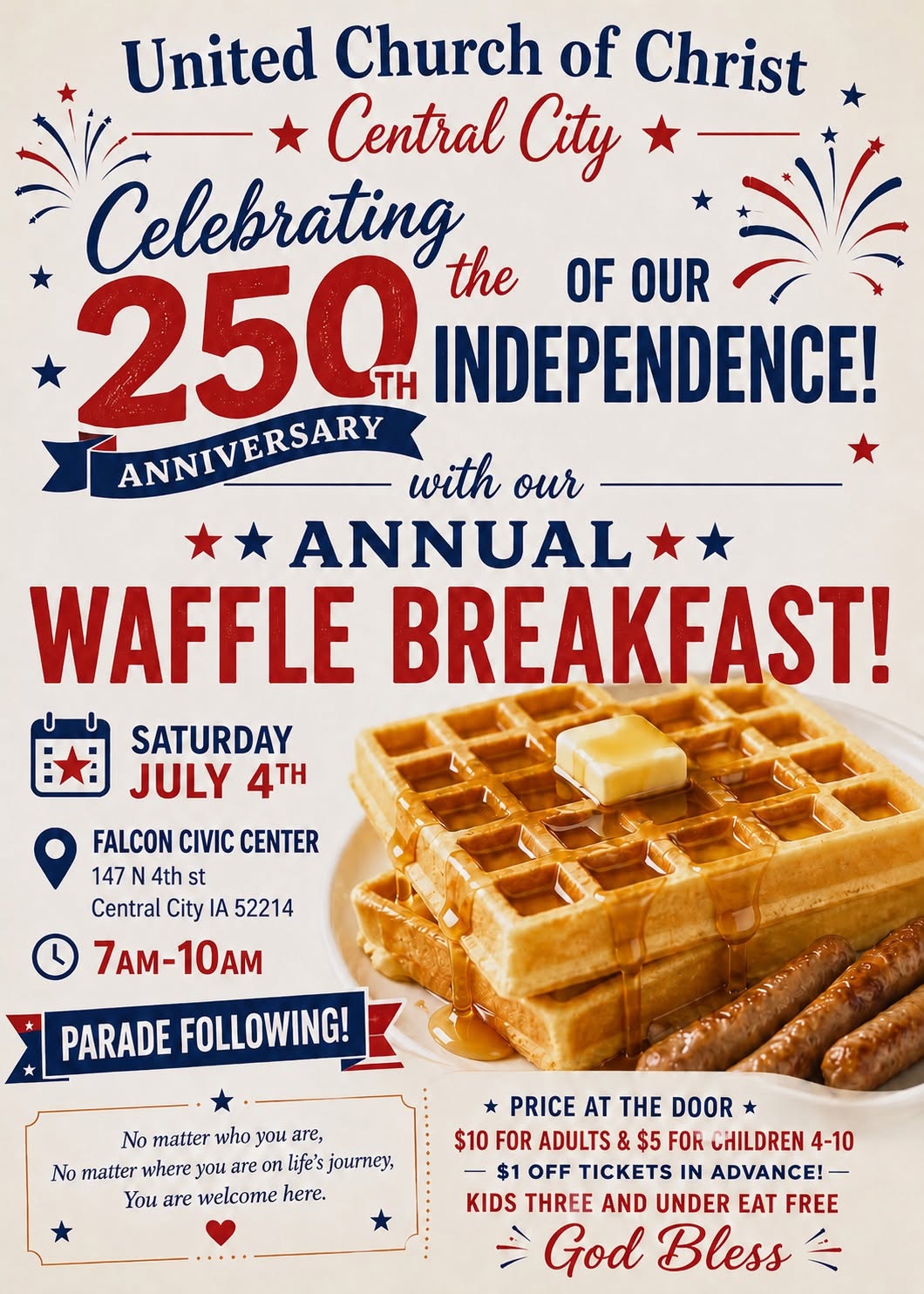 flyer for the United Church of Christ annual waffle breakfast on the 4th of July starting at 7 am