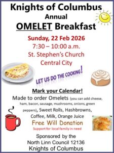 flyer for the knights of columbus annual omelet breakfast at saint stephen's catholic church on february 22nd