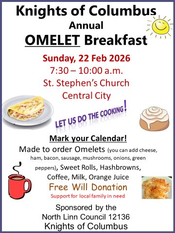 flyer for the knights of columbus annual omelet breakfast at saint stephen's catholic church on february 22nd