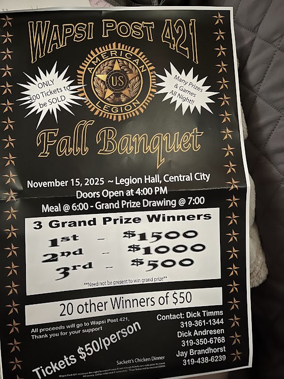 Poster for American Legion Wapsi Post 421 fall banquet November 15 doors open at 4 dinner at 6 grand prize drawing at 7 cash prizes and chicken dinner