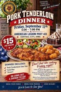 a poster with details for the september 11th american legion pork tenderloin dinner