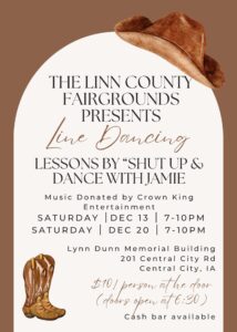 flyer advertising line dancing lessons at the Linn County Fairgrounds Dec 13 & 20 from 7 to 10 pm each night