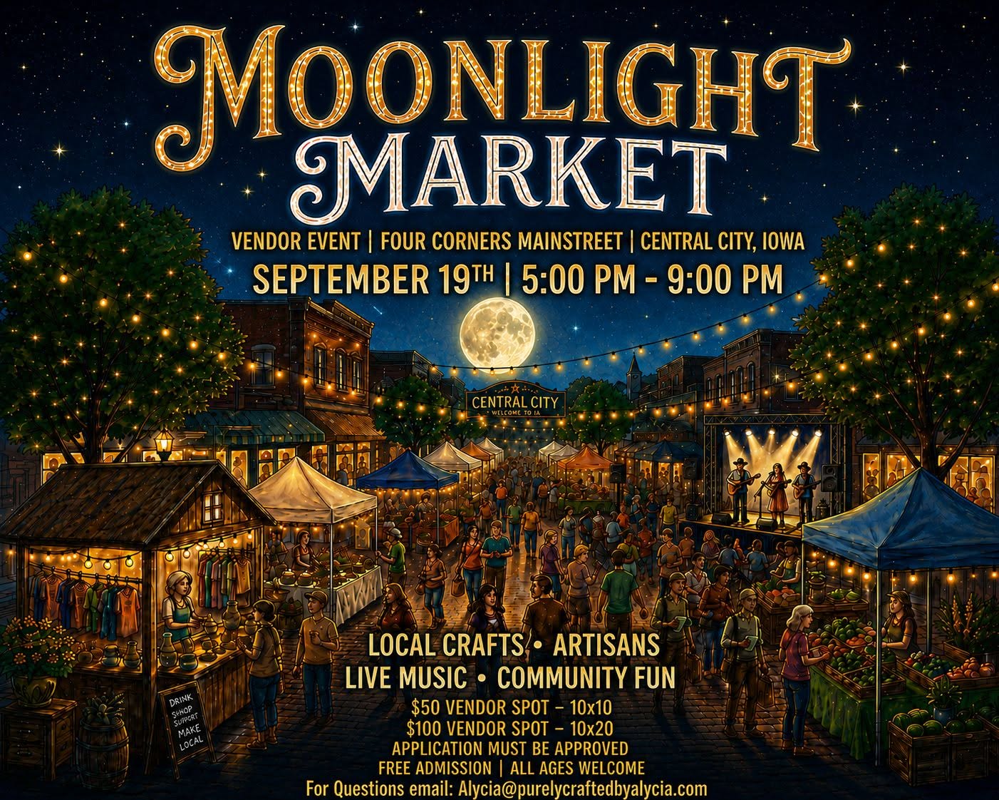 flyer for the Moonlight Market in downtown Central City IA on September 19 2026