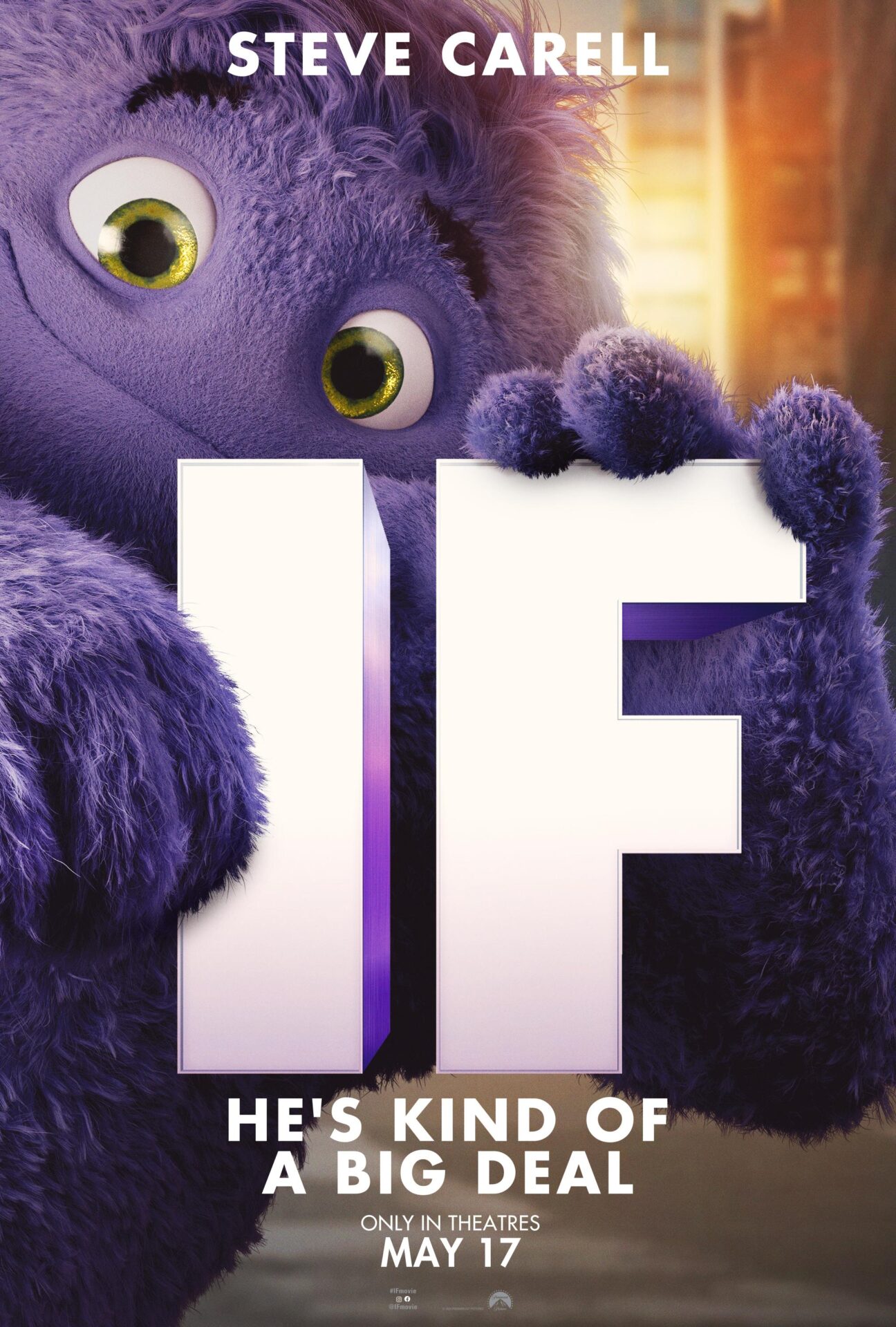poster for the movie "IF" featuring a giant purple monster