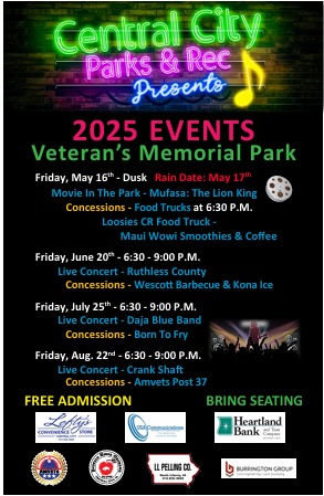 Image of 2025 Central City Parks & Recreation Events to be held at Veteran's Memorial Park