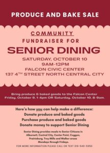 flyer for a benefit produce and bake sale for the Central City Senior Dining program on October 10