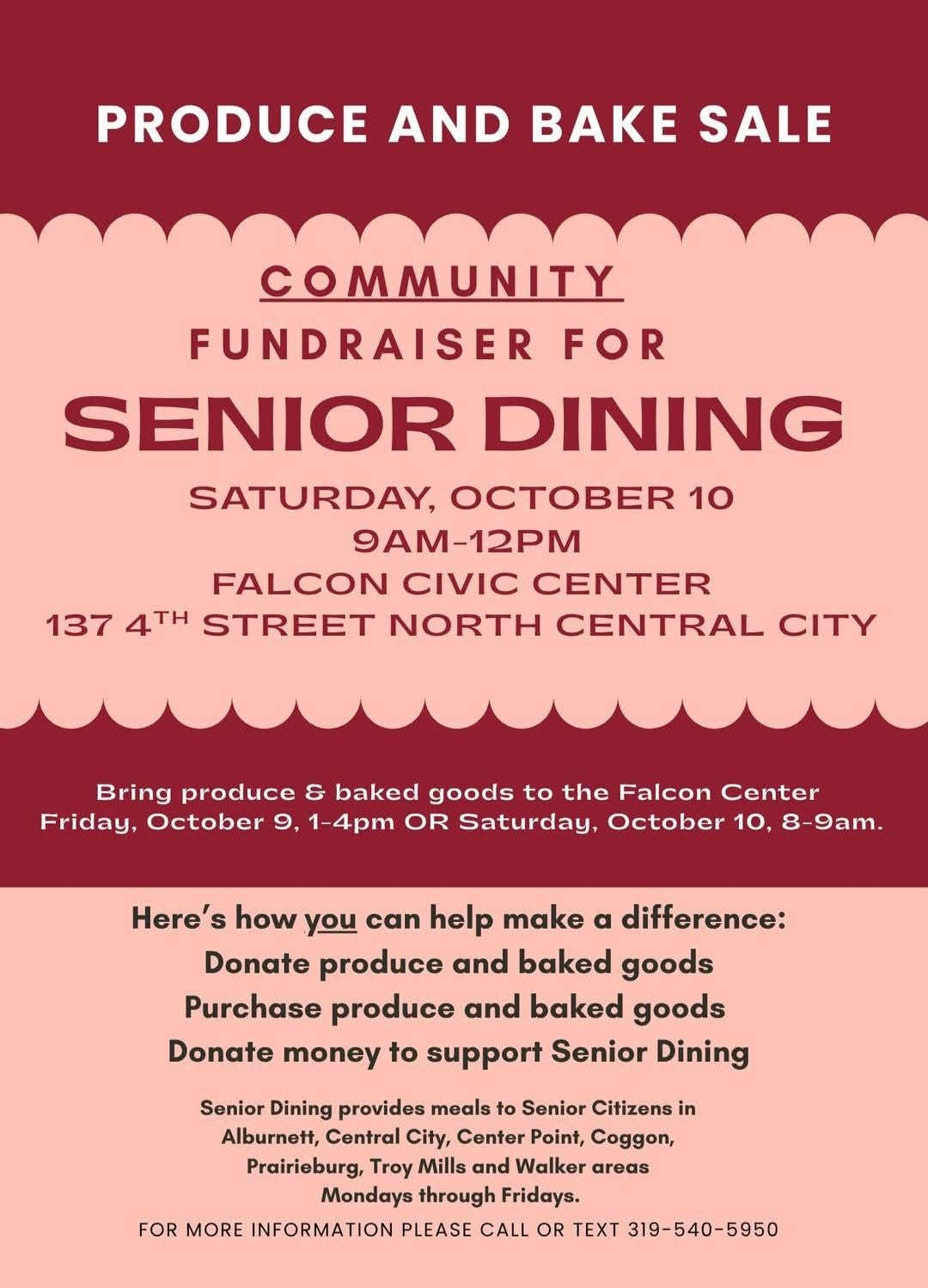 flyer for a benefit produce and bake sale for the Central City Senior Dining program on October 10