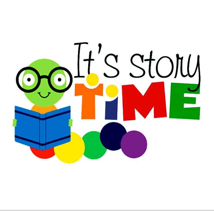 image of a colorful worm holding a book with the words "it's story time"