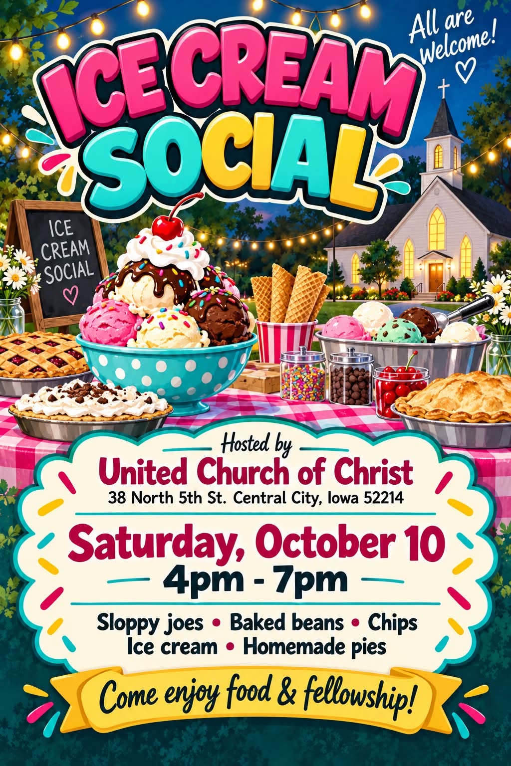 flyer for the United Church of Christ of Central City Iowa ice cream social on October 10