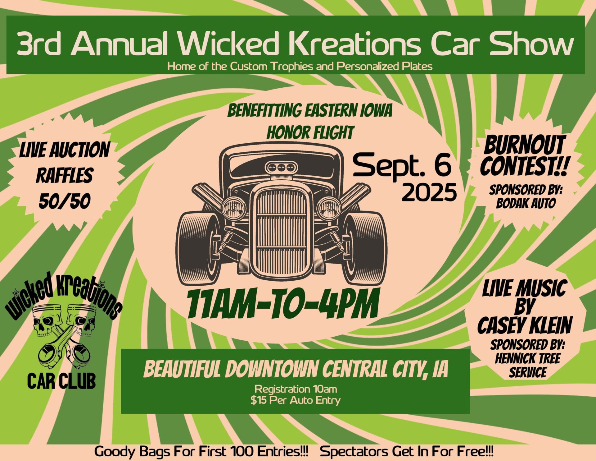 Image of flyer advertising the 3rd annual Wicked Kreations Car Show on Sep 6 2025 from 11 am to 4 pm in downtown Central City IA