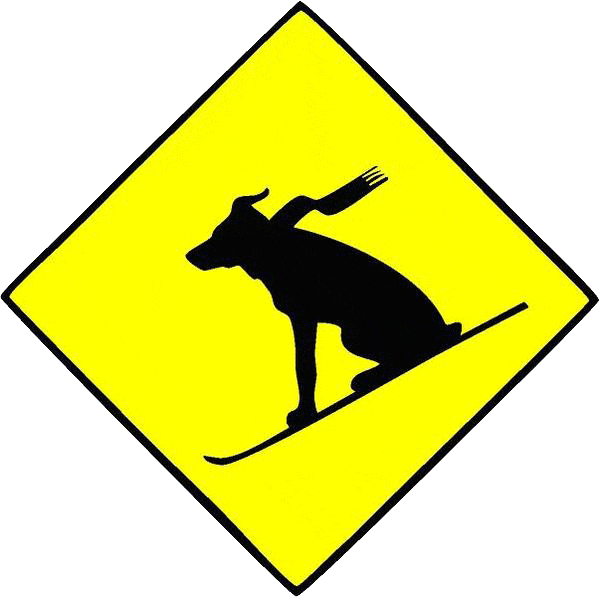 logo for the band Dogs on Skis showing a black dog on a yellow diamond sitting on a ski going downhill